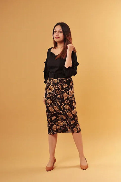Black An Gold Print Skirt With Top